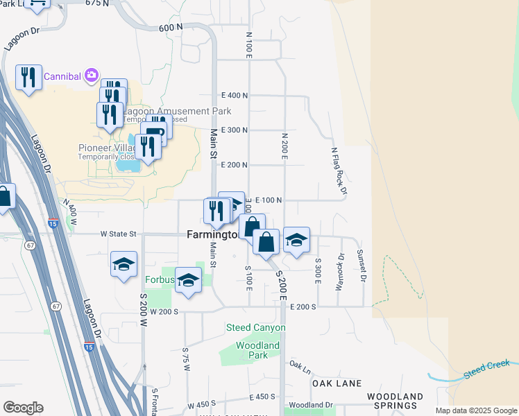 map of restaurants, bars, coffee shops, grocery stores, and more near 132 East 100 North in Farmington