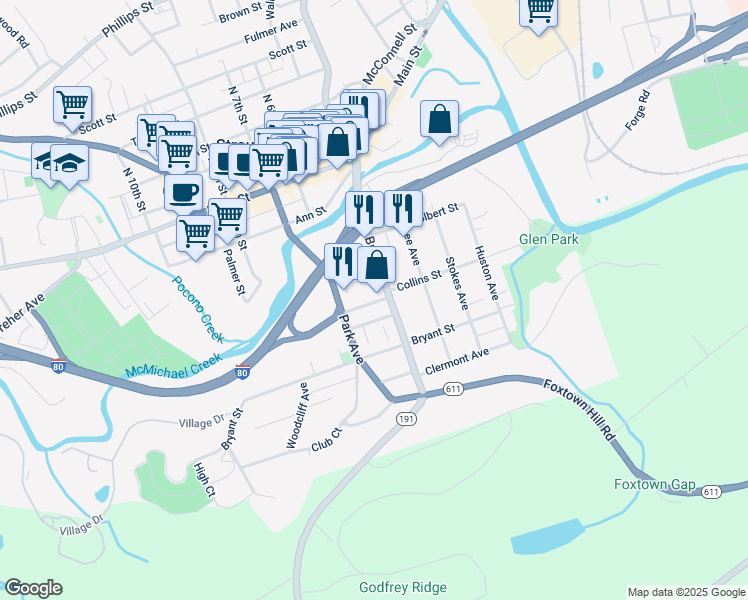 map of restaurants, bars, coffee shops, grocery stores, and more near 107 Broad Street in Stroudsburg
