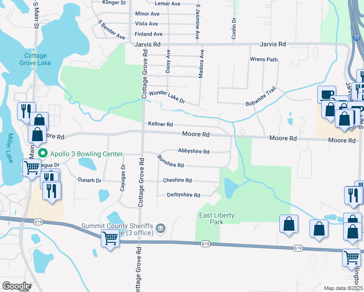 map of restaurants, bars, coffee shops, grocery stores, and more near 407 Abbyshire Road in Akron