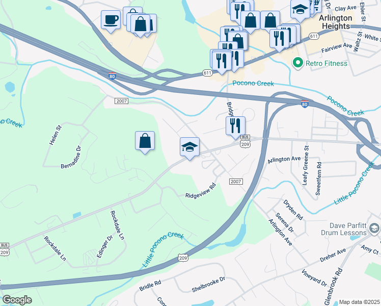 map of restaurants, bars, coffee shops, grocery stores, and more near 2000 West Main Street in Stroudsburg