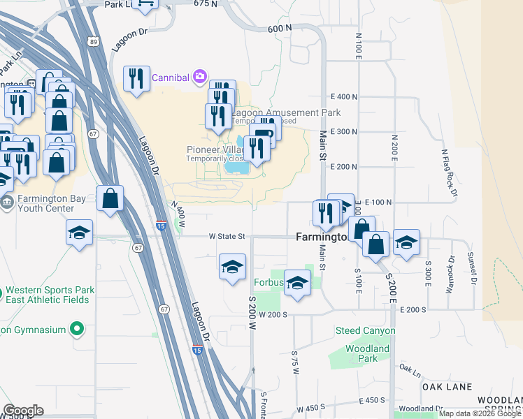 map of restaurants, bars, coffee shops, grocery stores, and more near 76 N 200 W in Farmington
