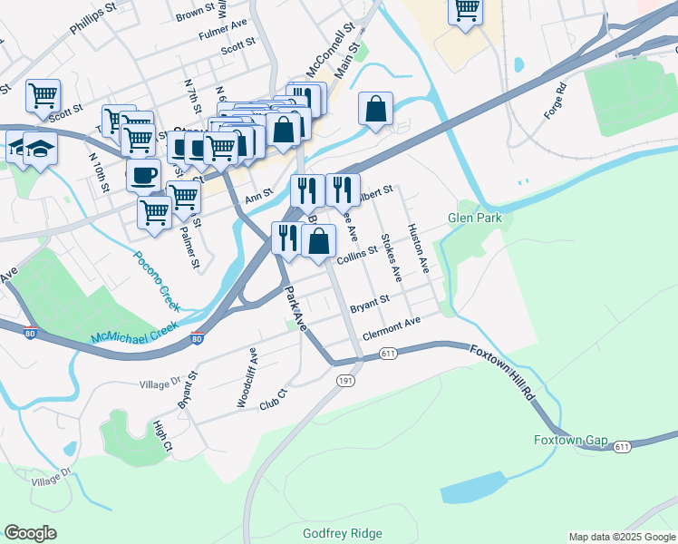 map of restaurants, bars, coffee shops, grocery stores, and more near 104 Broad Street in Stroudsburg