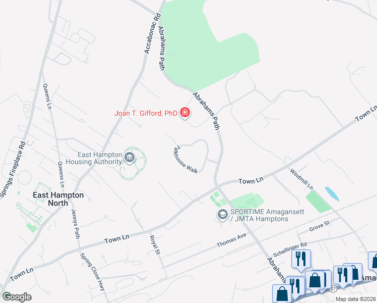 map of restaurants, bars, coffee shops, grocery stores, and more near 25 Talkhouse Walk in East Hampton