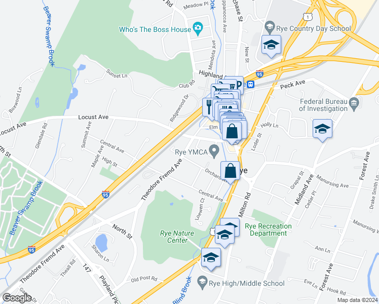 map of restaurants, bars, coffee shops, grocery stores, and more near 84 Orchard Avenue in Rye