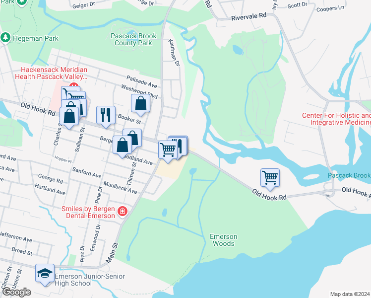 map of restaurants, bars, coffee shops, grocery stores, and more near 441 Old Hook Road in Emerson