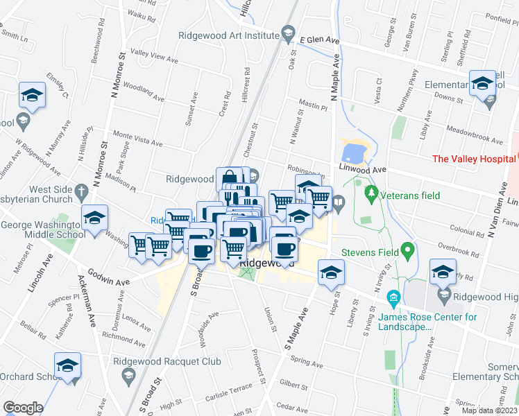 map of restaurants, bars, coffee shops, grocery stores, and more near 80 North Walnut Street in Ridgewood