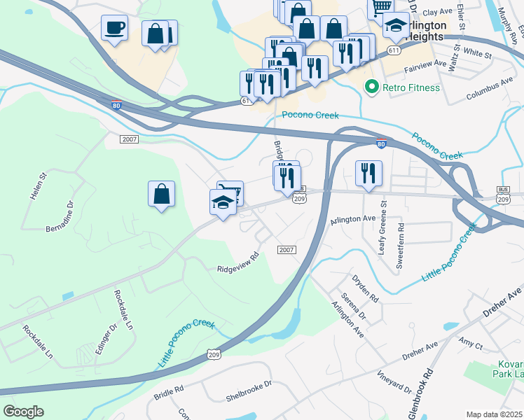 map of restaurants, bars, coffee shops, grocery stores, and more near 1971 Hamilton Road East in Stroudsburg
