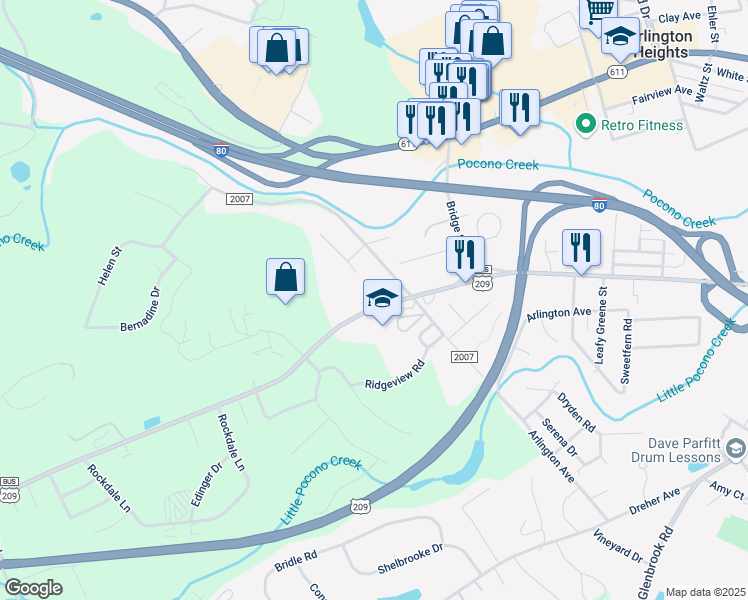 map of restaurants, bars, coffee shops, grocery stores, and more near 1991 West Main Street in Stroudsburg