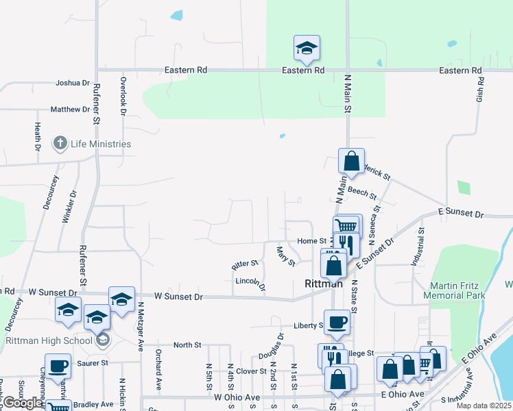 map of restaurants, bars, coffee shops, grocery stores, and more near 321 Nautilus Lane in Rittman