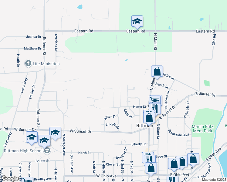 map of restaurants, bars, coffee shops, grocery stores, and more near 321 Nautilus Lane in Rittman
