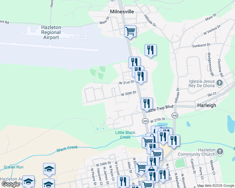 map of restaurants, bars, coffee shops, grocery stores, and more near 357 West 30th Street in Luzerne County