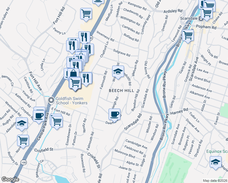 map of restaurants, bars, coffee shops, grocery stores, and more near 14 Woodford Road in Yonkers