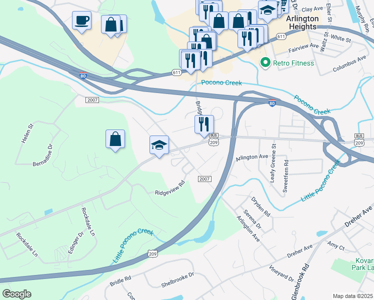 map of restaurants, bars, coffee shops, grocery stores, and more near 1971 Hamilton Road East in Stroudsburg