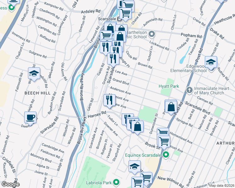 map of restaurants, bars, coffee shops, grocery stores, and more near 39 Alkamont Avenue in Scarsdale
