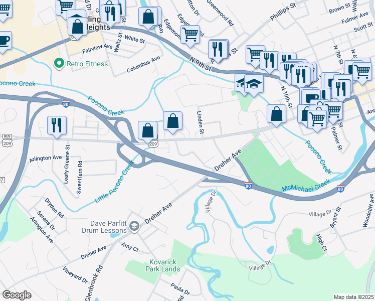 map of restaurants, bars, coffee shops, grocery stores, and more near 22 Garden Street in Stroudsburg