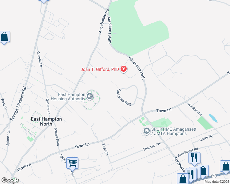 map of restaurants, bars, coffee shops, grocery stores, and more near 20 Talkhouse Walk in East Hampton