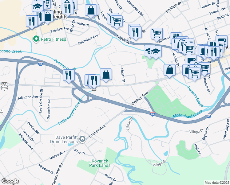 map of restaurants, bars, coffee shops, grocery stores, and more near 22 Garden Street in Stroudsburg