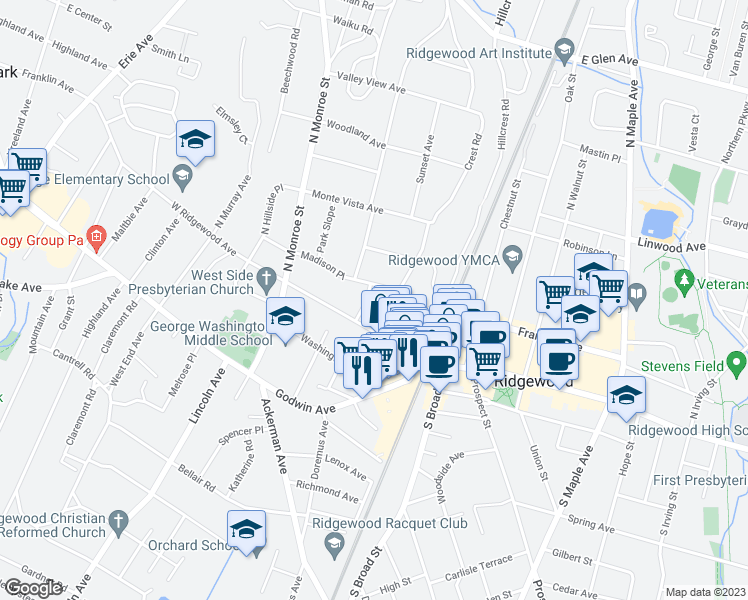 map of restaurants, bars, coffee shops, grocery stores, and more near 60 Madison Place in Ridgewood