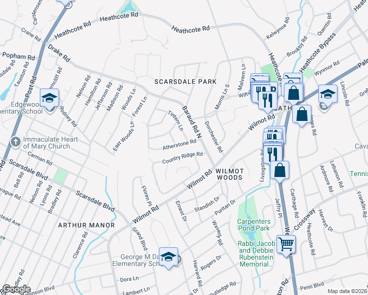 map of restaurants, bars, coffee shops, grocery stores, and more near 51 Country Ridge Road in Scarsdale