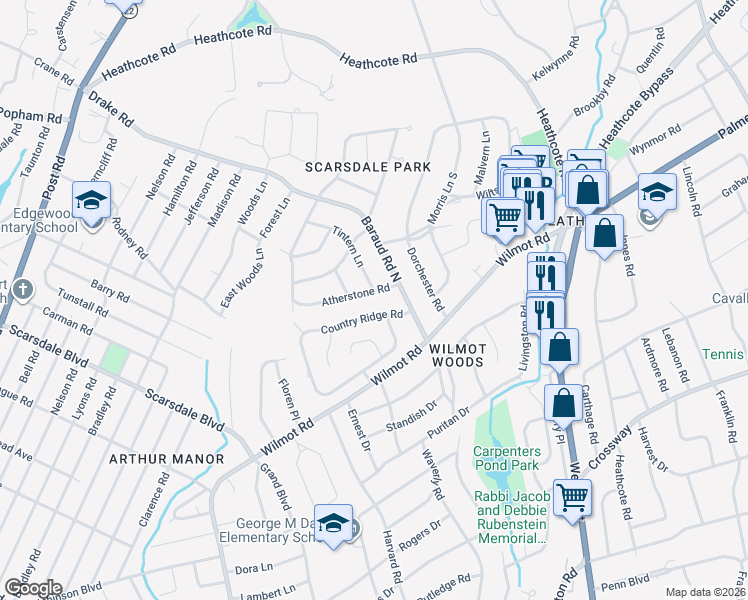 map of restaurants, bars, coffee shops, grocery stores, and more near 17 Country Ridge Road in Scarsdale