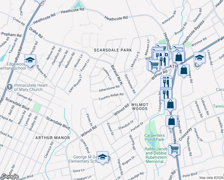 map of restaurants, bars, coffee shops, grocery stores, and more near 51 Country Ridge Road in Scarsdale