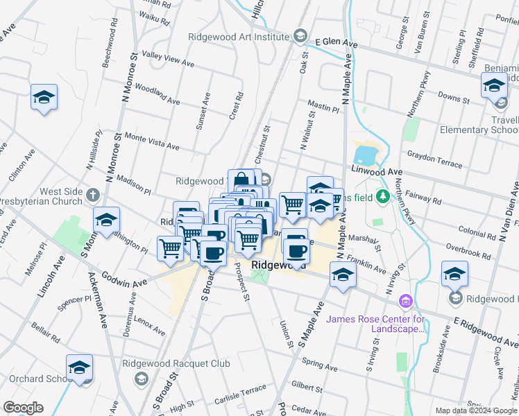 map of restaurants, bars, coffee shops, grocery stores, and more near 74 Oak Street in Ridgewood