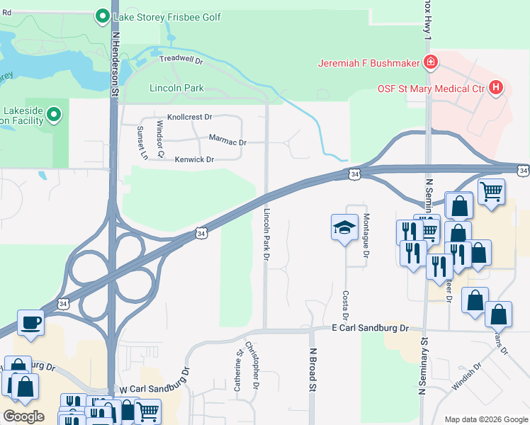 map of restaurants, bars, coffee shops, grocery stores, and more near Lincoln Park Drive in Galesburg