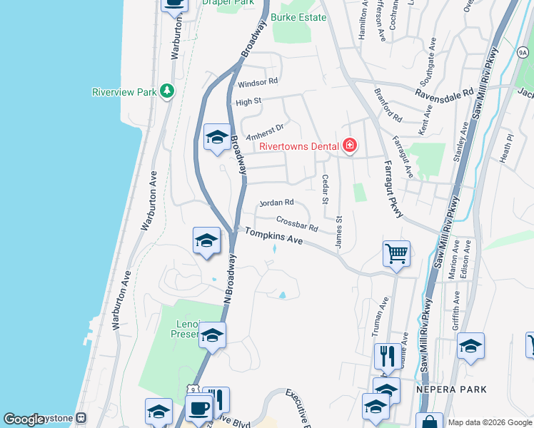 map of restaurants, bars, coffee shops, grocery stores, and more near 24 Crossbar Road in Hastings-on-Hudson