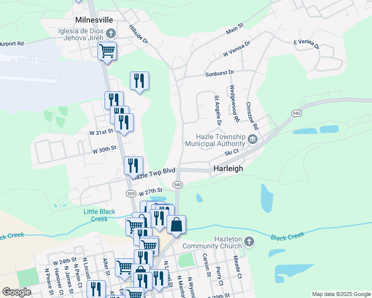 map of restaurants, bars, coffee shops, grocery stores, and more near 601 Hillside Drive in Harleigh