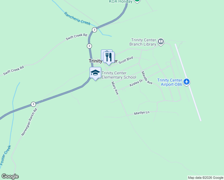 map of restaurants, bars, coffee shops, grocery stores, and more near 381 Mary Avenue in Trinity Center