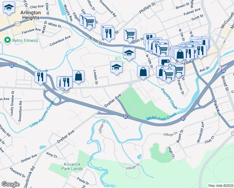 map of restaurants, bars, coffee shops, grocery stores, and more near 1090 Dreher Avenue in Stroudsburg