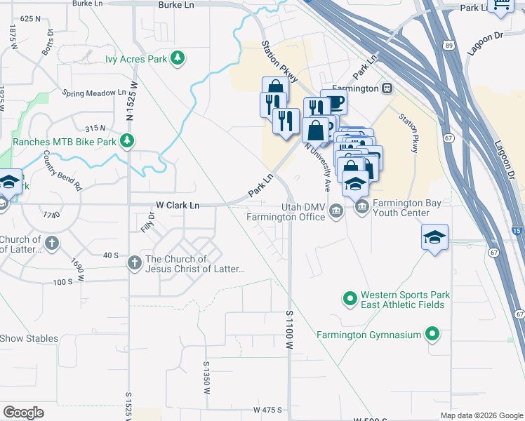 map of restaurants, bars, coffee shops, grocery stores, and more near 1196 West Clark Lane in Farmington