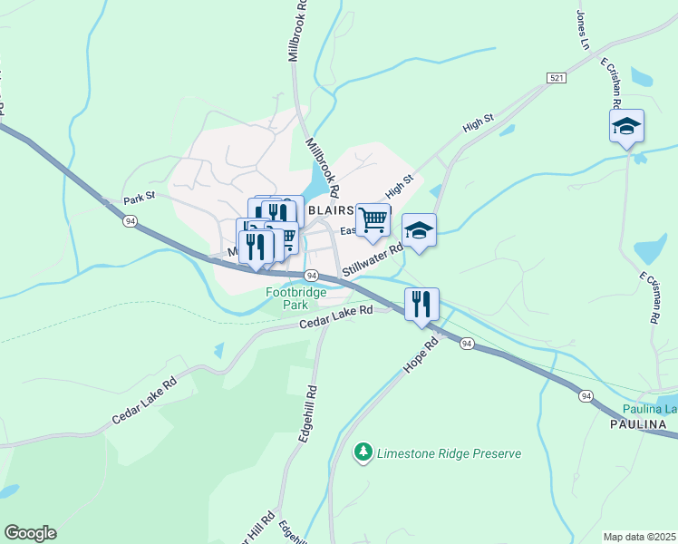 map of restaurants, bars, coffee shops, grocery stores, and more near 12 Bridge Street in Blairstown