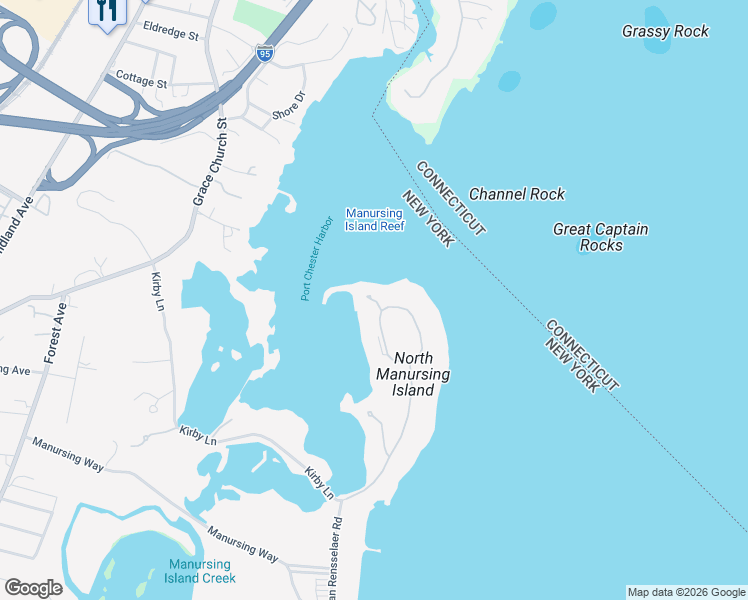 map of restaurants, bars, coffee shops, grocery stores, and more near N Island Dr in Rye