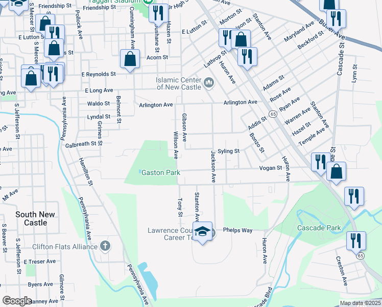 map of restaurants, bars, coffee shops, grocery stores, and more near 1611 Wilson Avenue in New Castle