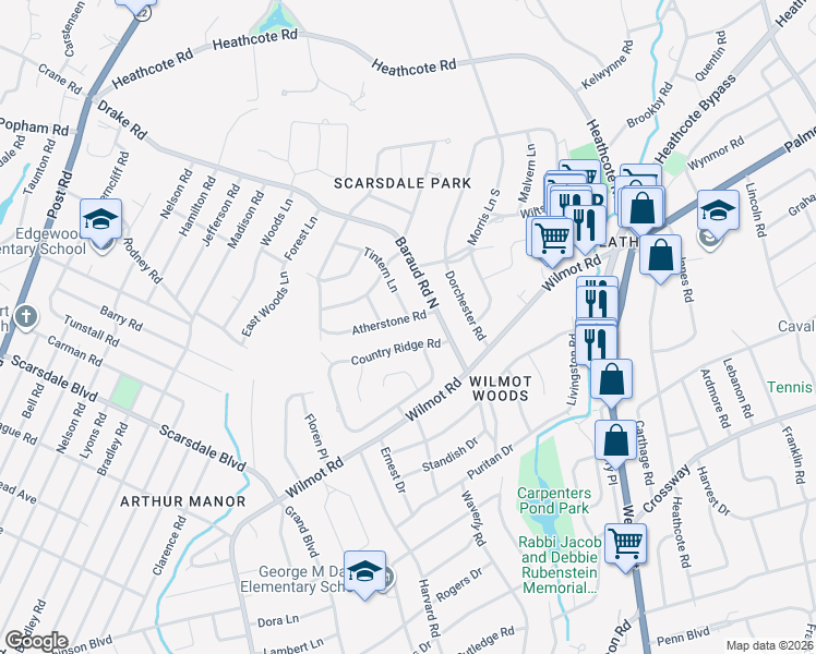 map of restaurants, bars, coffee shops, grocery stores, and more near 17 Country Ridge Road in Scarsdale