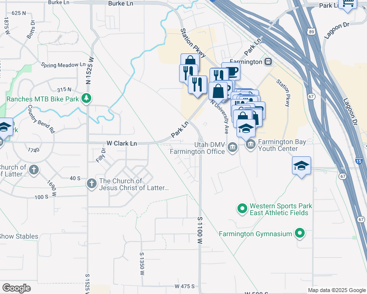 map of restaurants, bars, coffee shops, grocery stores, and more near 1182 West Clark Lane in Farmington