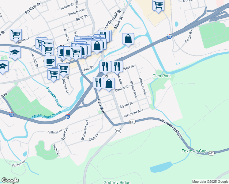 map of restaurants, bars, coffee shops, grocery stores, and more near 107 Broad Street in Stroudsburg