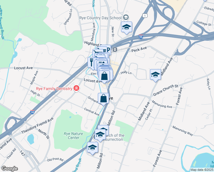 map of restaurants, bars, coffee shops, grocery stores, and more near 1061 U.S. 1 in Rye