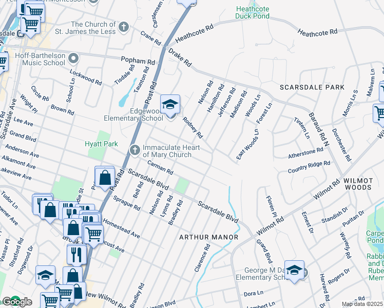 map of restaurants, bars, coffee shops, grocery stores, and more near 30 Barry Road in Scarsdale