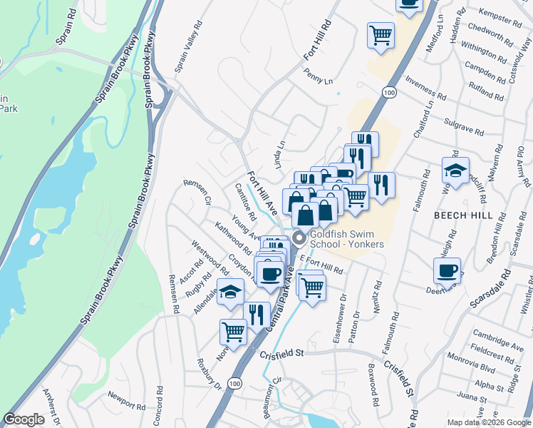 map of restaurants, bars, coffee shops, grocery stores, and more near 42 Young Avenue in Yonkers