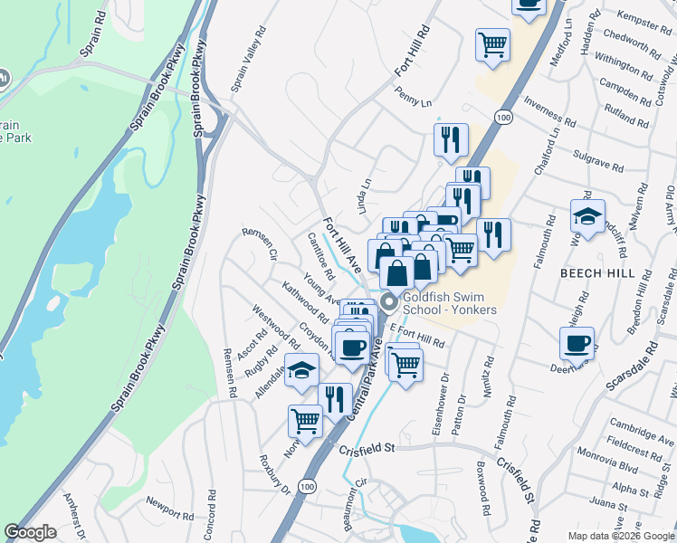 map of restaurants, bars, coffee shops, grocery stores, and more near 42 Young Avenue in Yonkers