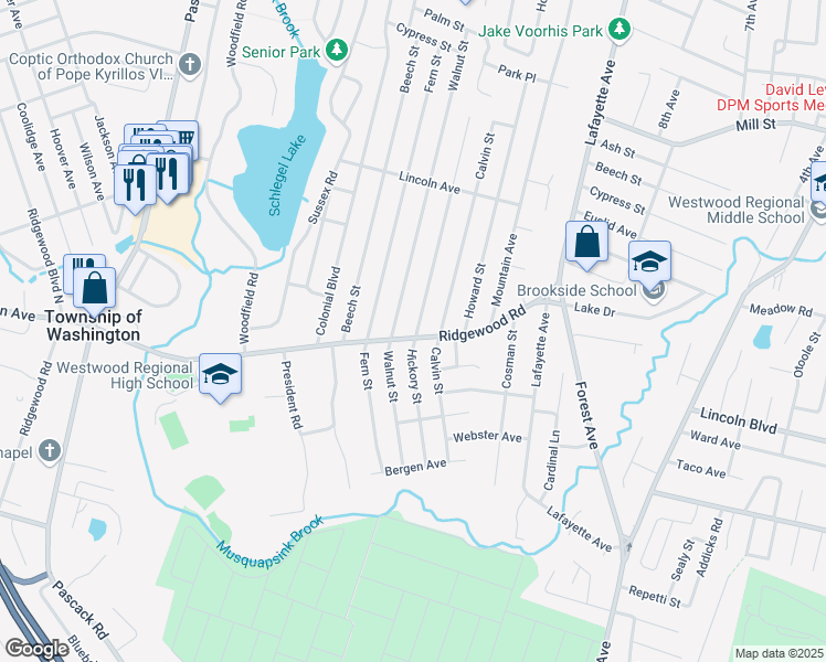 map of restaurants, bars, coffee shops, grocery stores, and more near 195 Hickory Street in Township of Washington