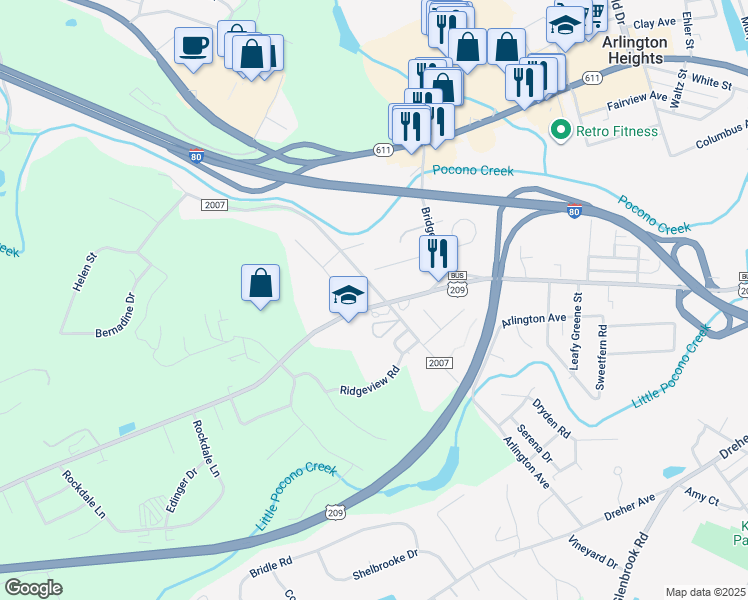 map of restaurants, bars, coffee shops, grocery stores, and more near 1991 West Main Street in Stroudsburg