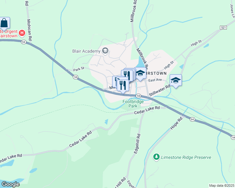 map of restaurants, bars, coffee shops, grocery stores, and more near 72 State Route 94 in Blairstown