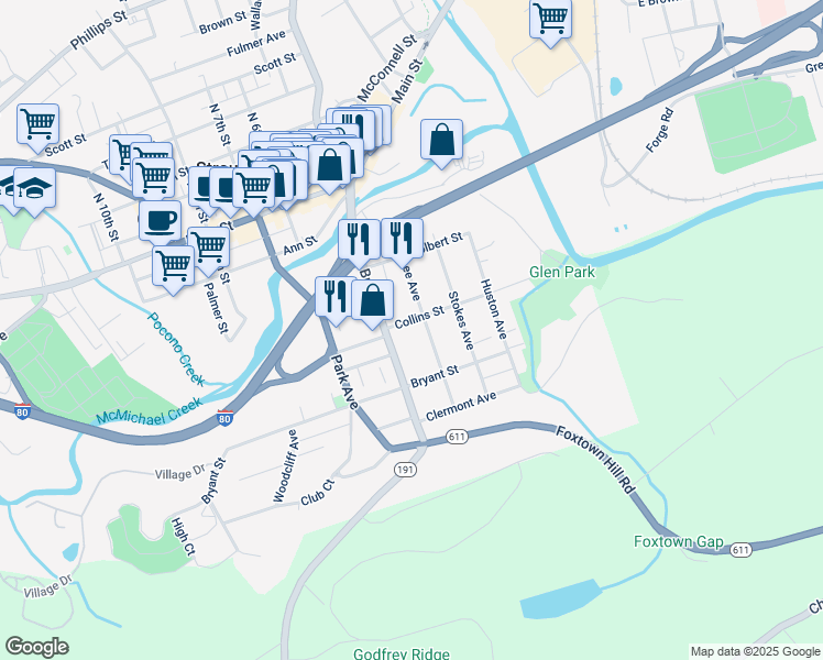 map of restaurants, bars, coffee shops, grocery stores, and more near 409 Collins Street in Stroudsburg