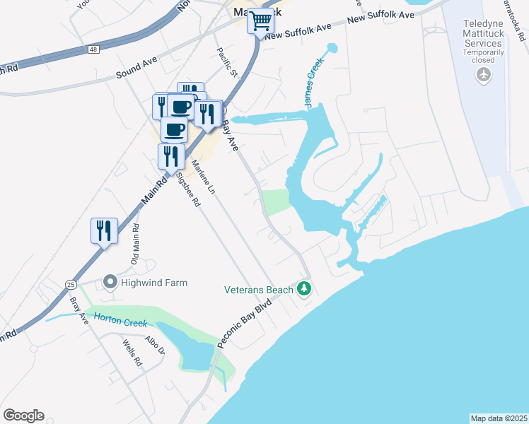 map of restaurants, bars, coffee shops, grocery stores, and more near 1919 Bay Avenue in Mattituck