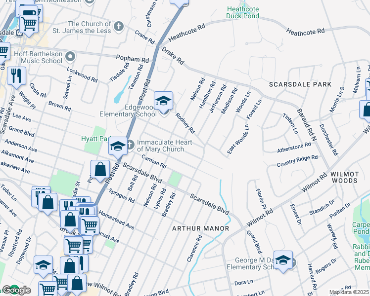 map of restaurants, bars, coffee shops, grocery stores, and more near 30 Barry Road in Scarsdale