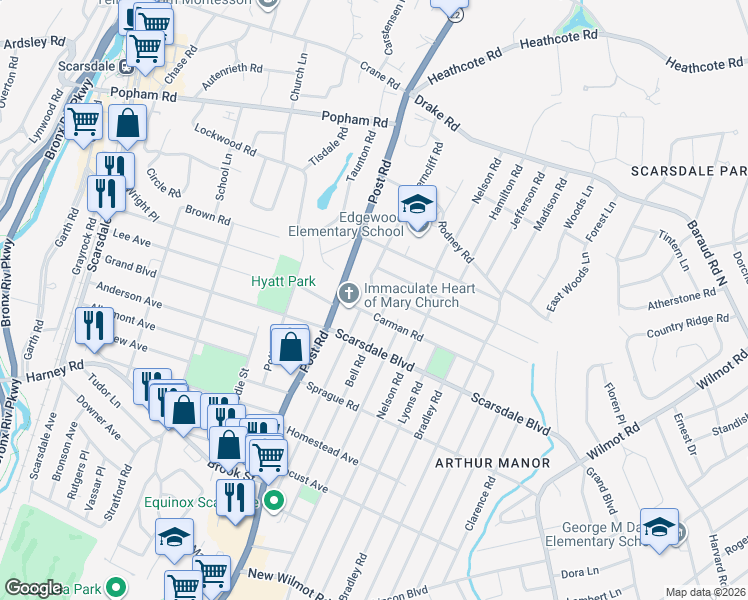 map of restaurants, bars, coffee shops, grocery stores, and more near 10 Carman Road in Scarsdale