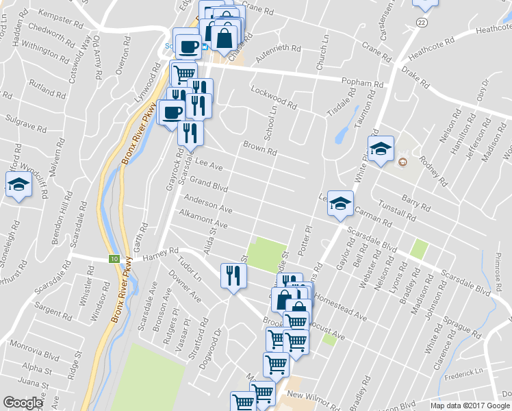 map of restaurants, bars, coffee shops, grocery stores, and more near 73 Ewart Street in Scarsdale